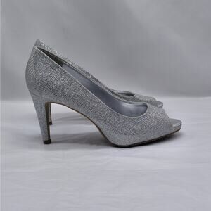Bandolino Womens Heels Size 8 Silver Glitter Peep Toe Y2K Glam Party Pumps